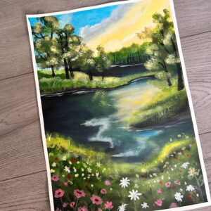 Original Acrylic Sunset River Painting: Wildflower Meadow Cottagecore Art