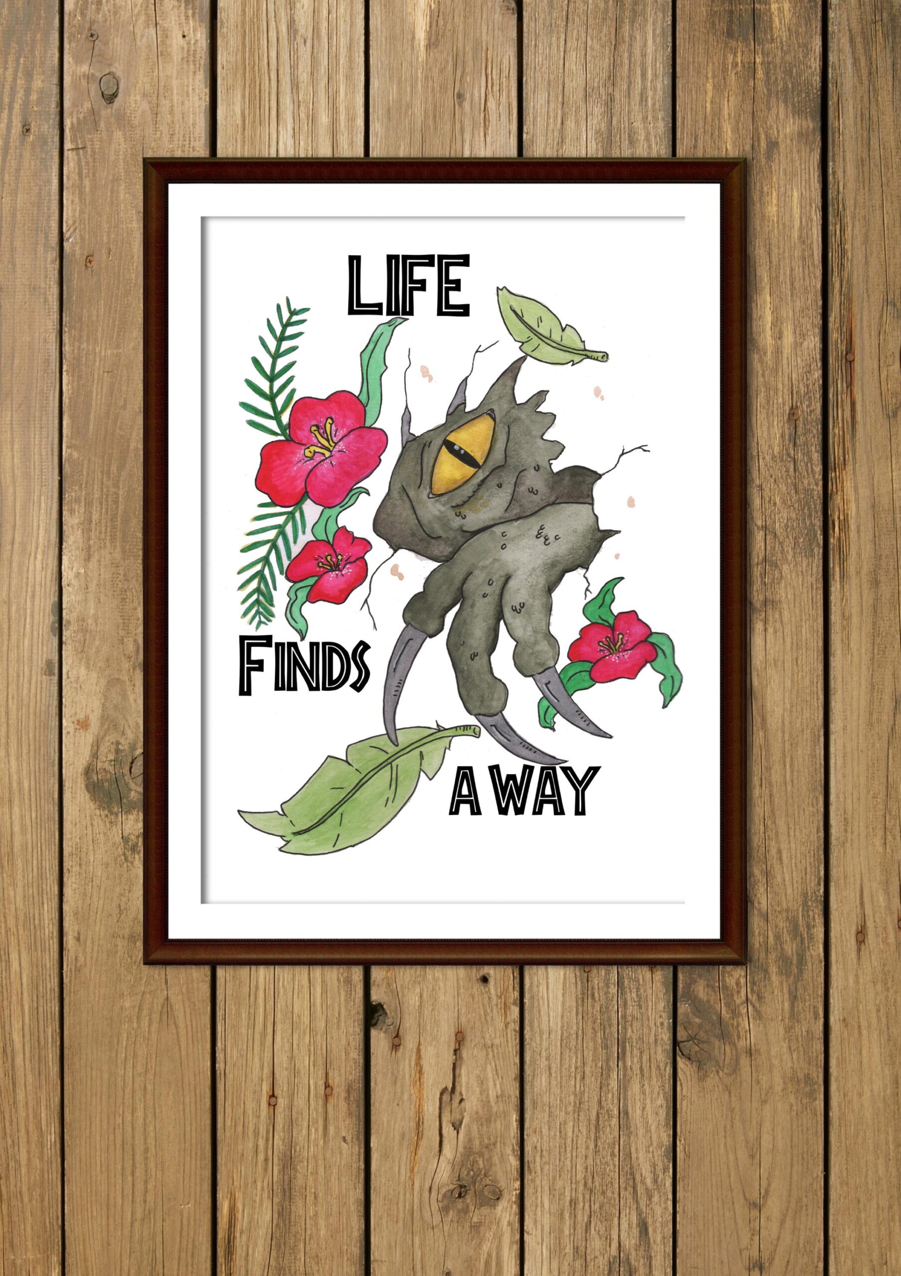 Jurassic Park "Life Finds A Way" A4 Art Print | Dinosaur Claw & Floral Watercolor Illustration