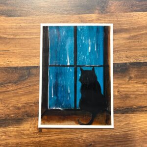 Black Cat Silhouette Painting – Cozy Rainy Night Window Scene – Art Print