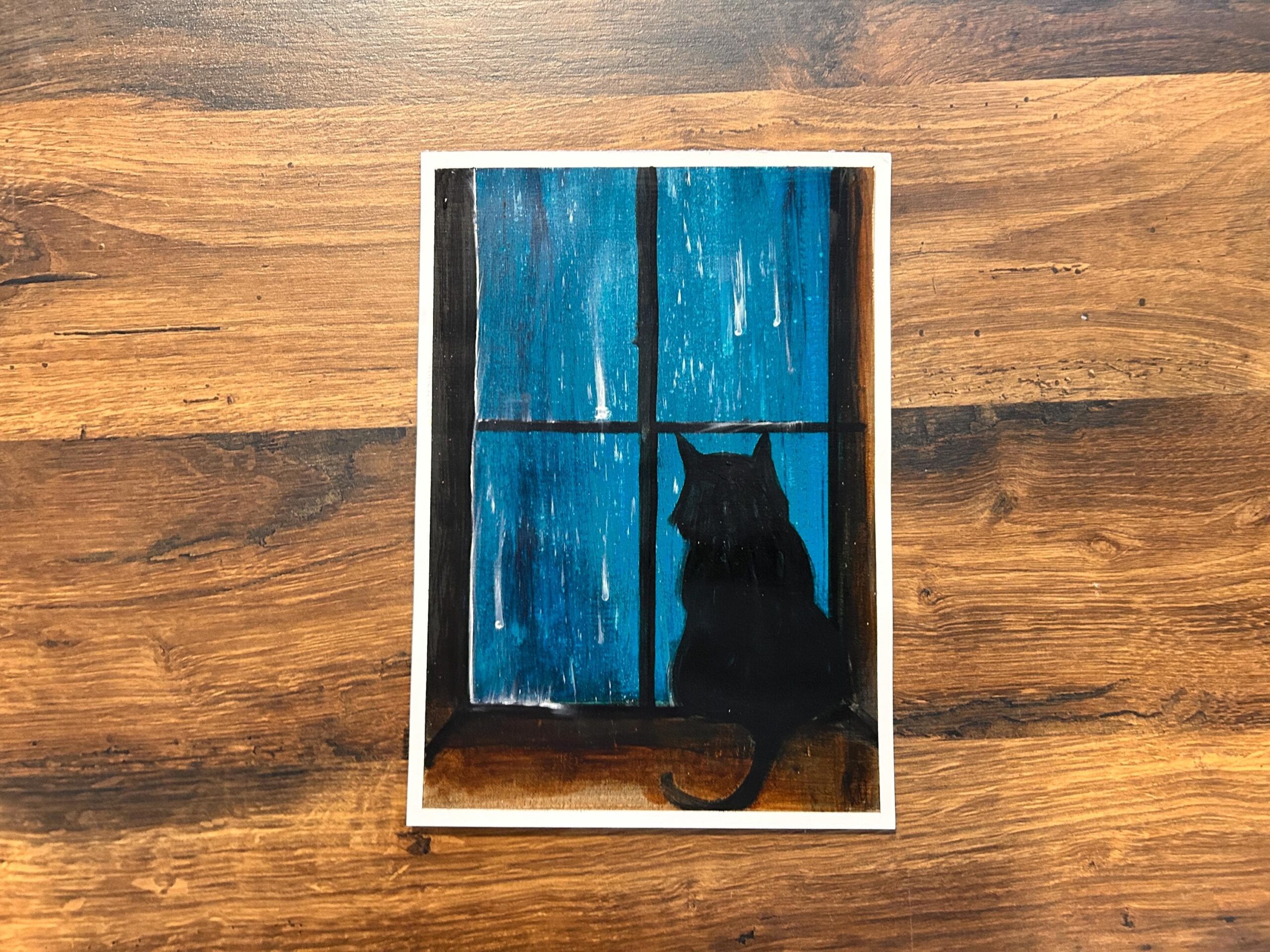 Black Cat Silhouette Painting – Cozy Rainy Night Window Scene – Art Print