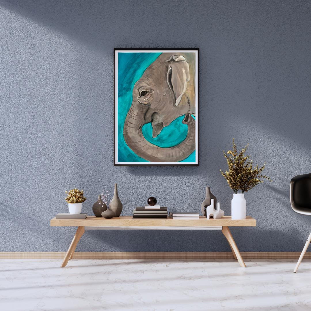 blue elephant acrylic painting on canvas paper - wild life art