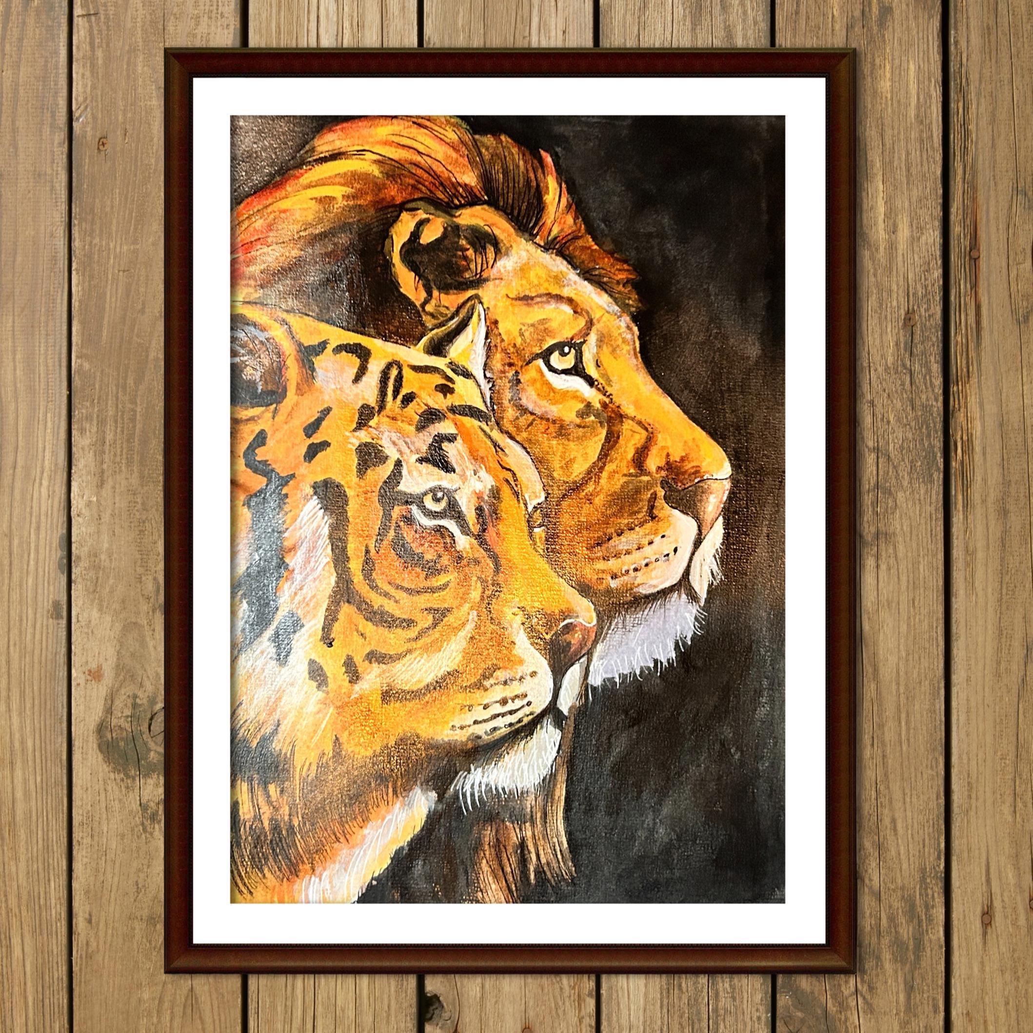 Lion and Tiger Portrait | Wildlife Acrylic Art Print